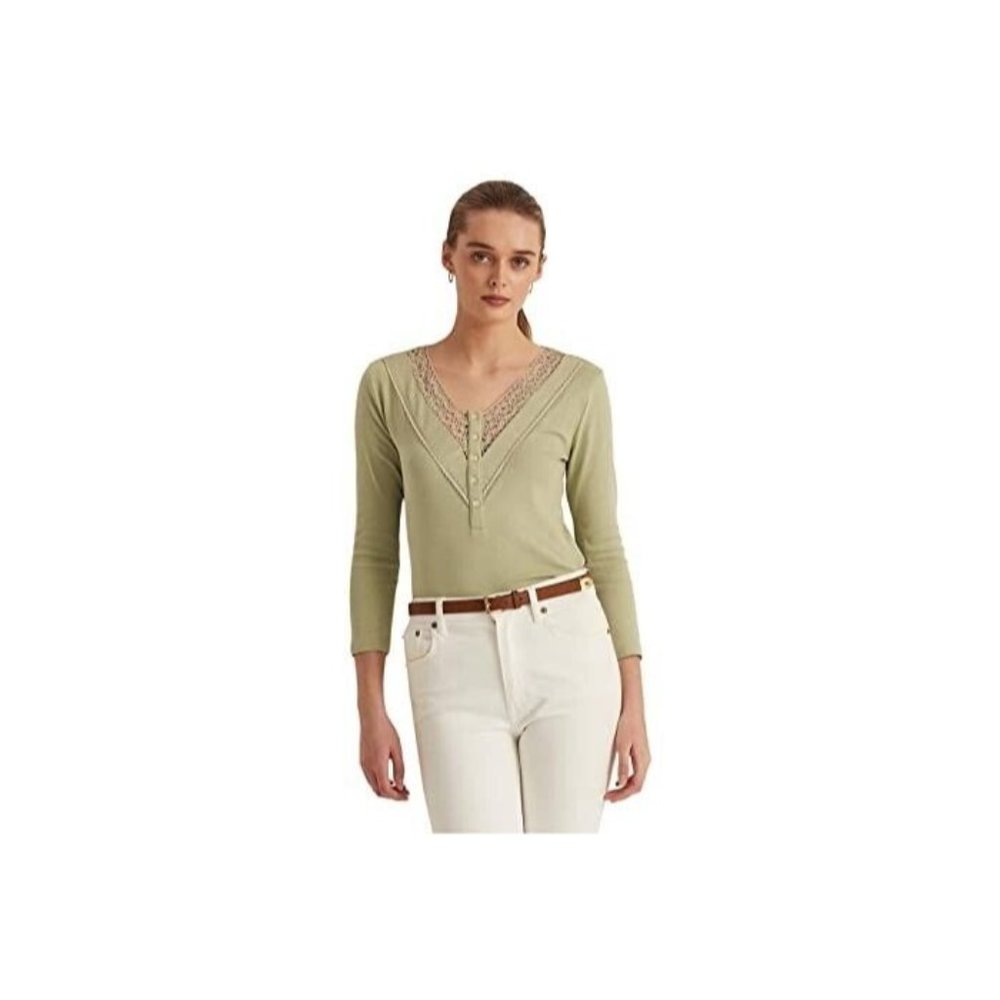 RALPH LAUREN Womens Green Lace 5 Button Placket V Top Green Size XL MSRP $80